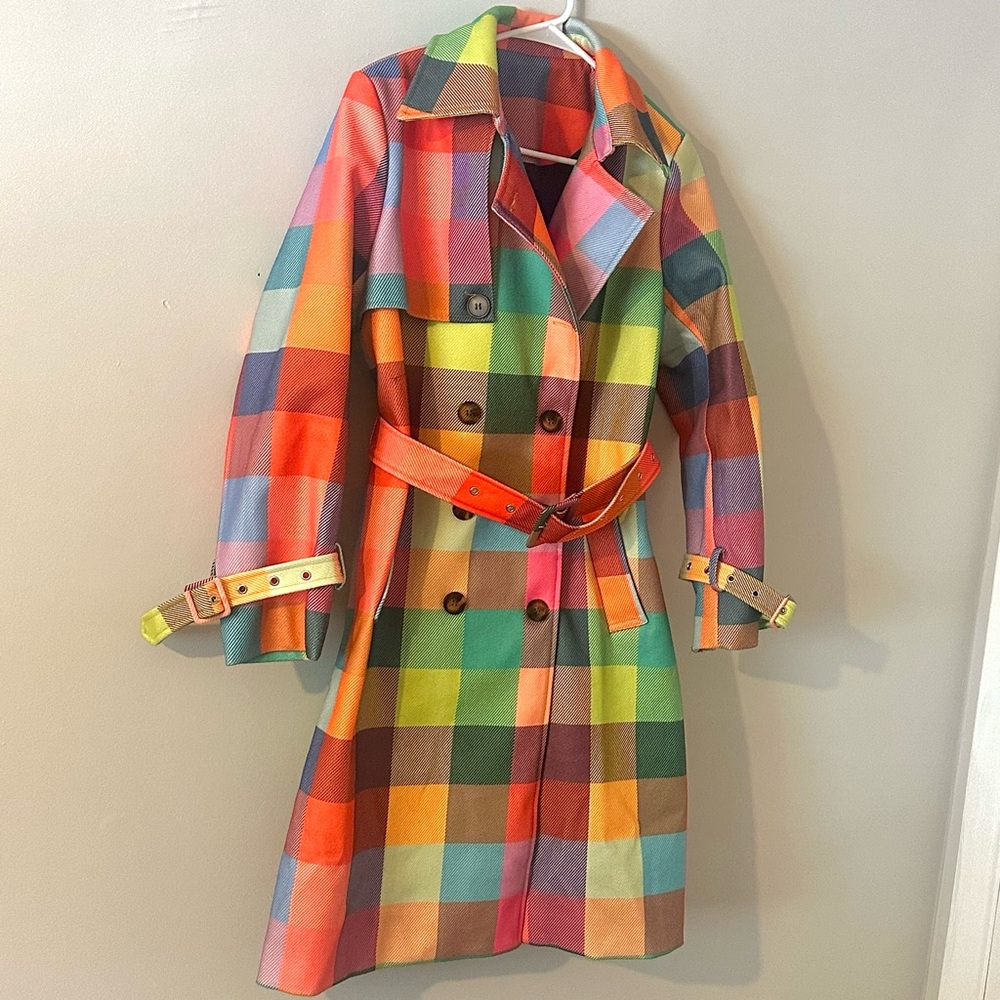 Colorful Plaid Trench Coat Belted Statement Jacket Women’s Small - Picture 3 of 5